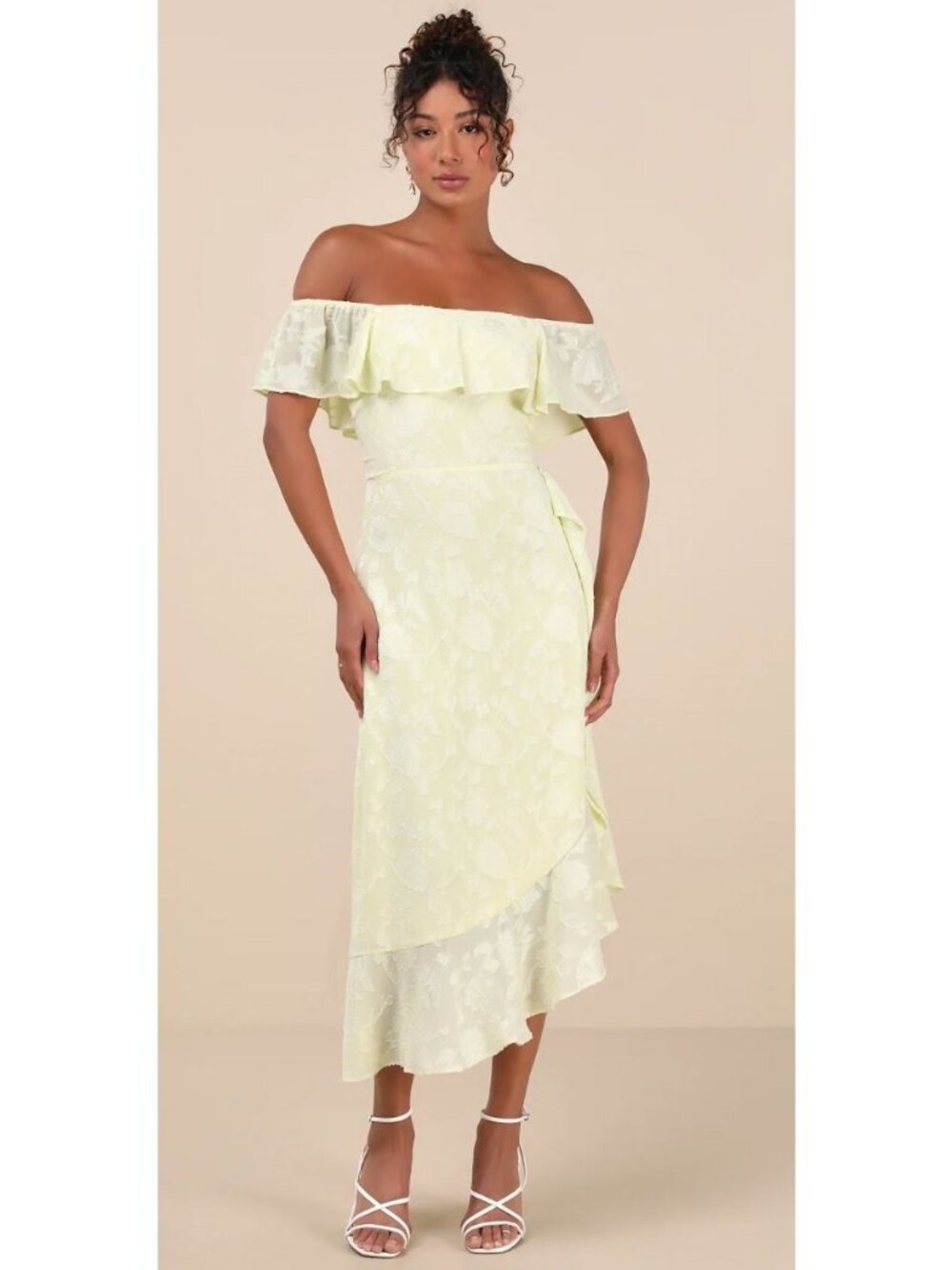 Lulus Perfect Yellow Burnout Floral Off-the-Shoulder Midi Dress Size XS NWT!